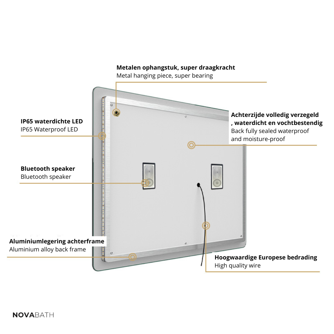 Maatwerk LED Badkamerspiegel Lori – Bluetooth & Speakers – Digitale klok – Vergrotingsspiegel – Anti-condens verwarming