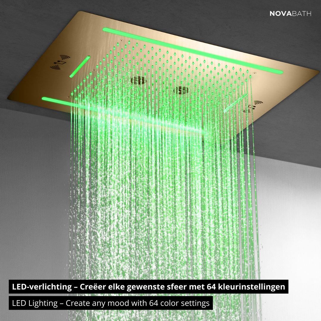 5-in-1 Thermostatische Inbouw Regendoucheset Valerie – Bluetooth & Speakers – LED Verlichting – Massagejets - Brushed gold