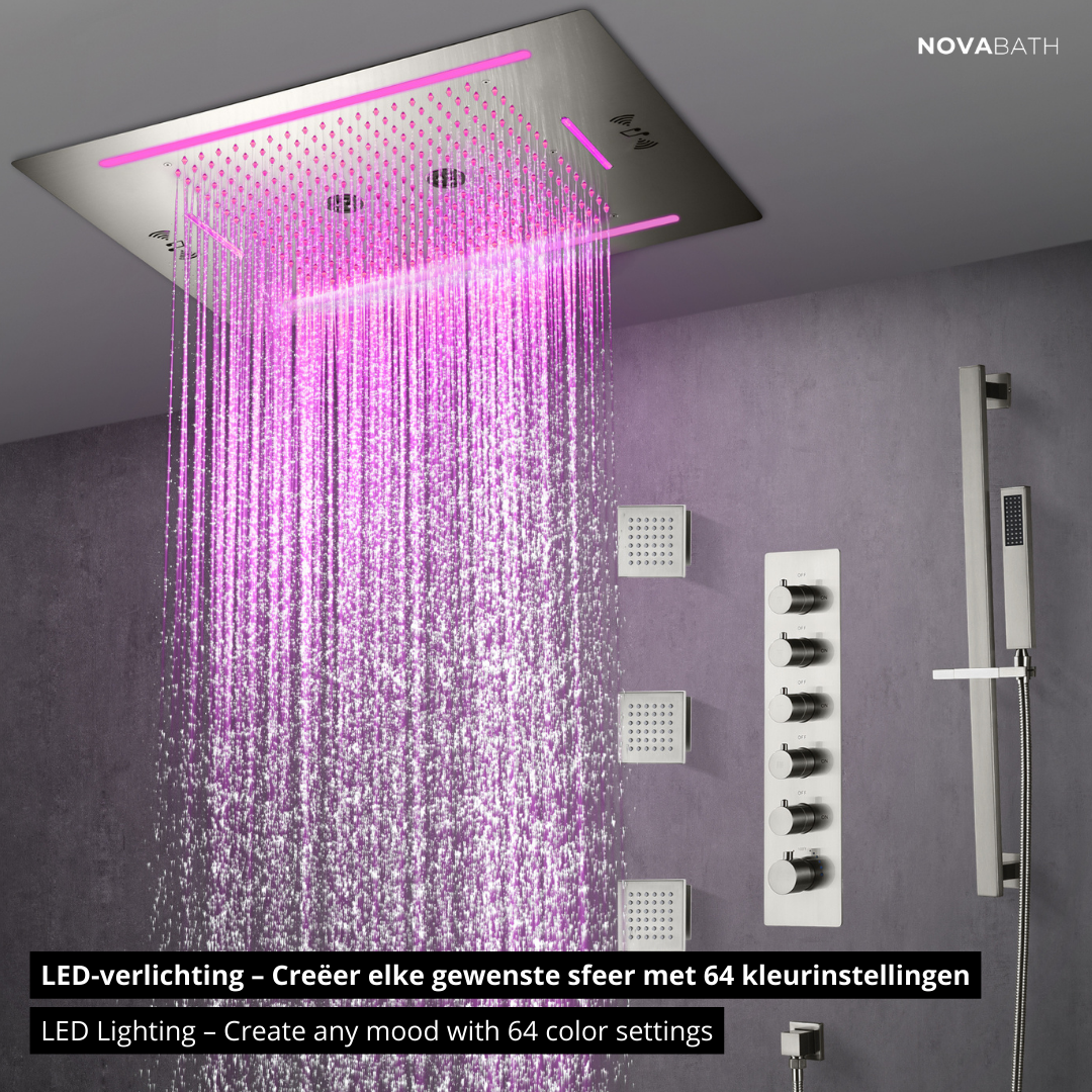 5-in-1 Thermostatische Inbouw Regendoucheset Valerie – Bluetooth & Speakers – LED Verlichting – Massagejets - Brushed nickel