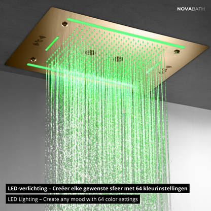 6-in-1 Thermostatische Inbouw Regendoucheset Marino – Bluetooth & Speakers – LED Verlichting – Massagejets - Brushed gold