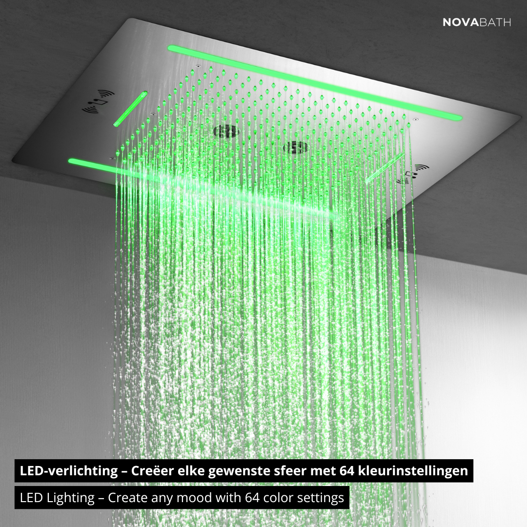 5-in-1 Thermostatische Inbouw Regendoucheset Valerie – Bluetooth & Speakers – LED Verlichting – Massagejets - Chrome