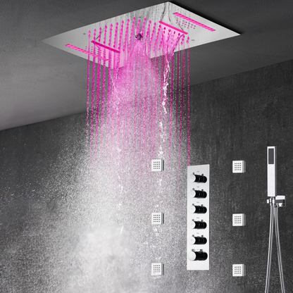 5-in-1 Thermostatische Inbouw Regendoucheset Julia – Bluetooth & Speakers – LED Verlichting – Massagejets - Chrome