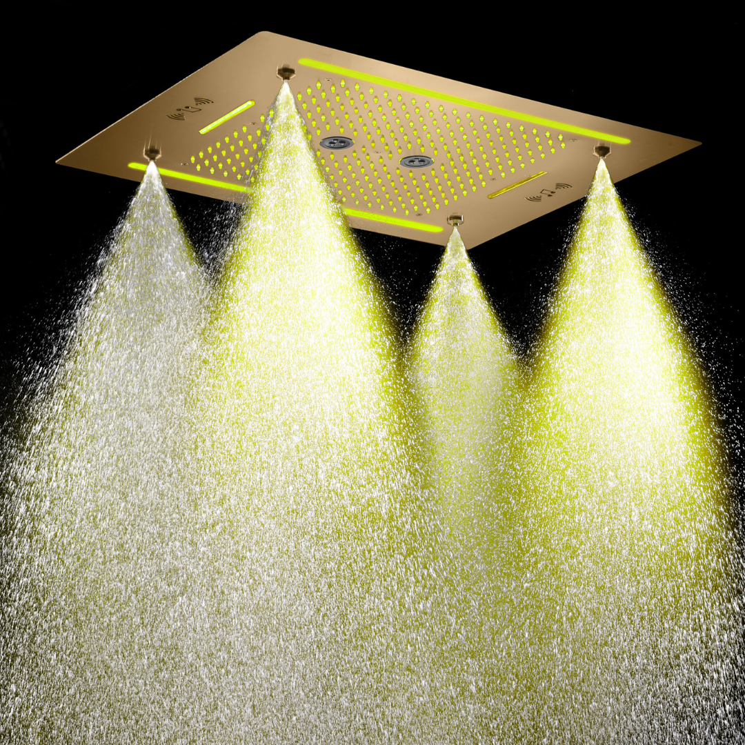 6-in-1 Thermostatische Inbouw Regendoucheset Marino – Bluetooth & Speakers – LED Verlichting – Massagejets - Brushed gold