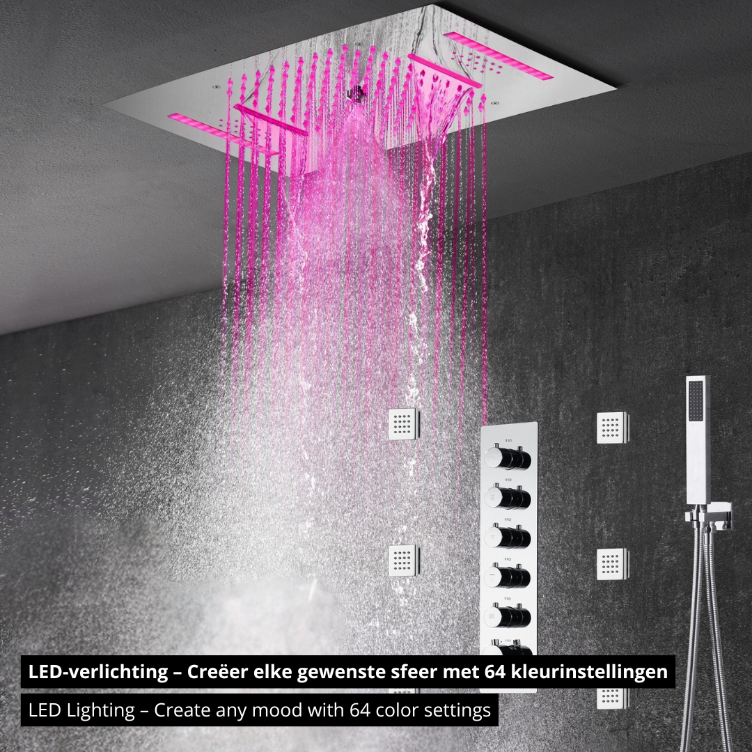 5-in-1 Thermostatische Inbouw Regendoucheset Julia – Bluetooth & Speakers – LED Verlichting – Massagejets - Chrome