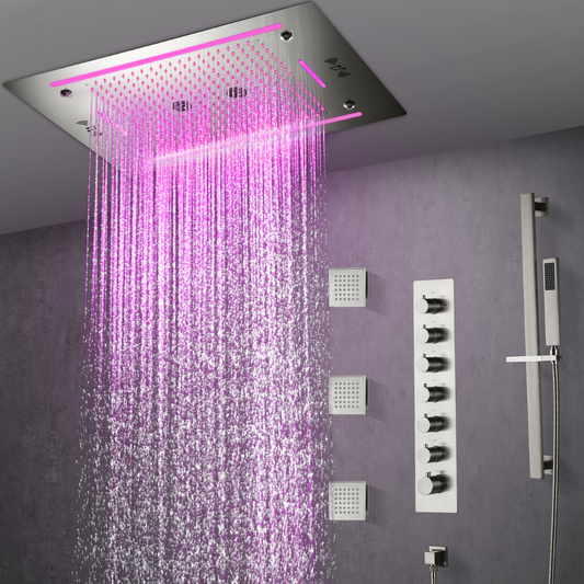 6-in-1 Thermostatische Inbouw Regendoucheset Marino – Bluetooth & Speakers – LED Verlichting – Massagejets - Brushed nickel