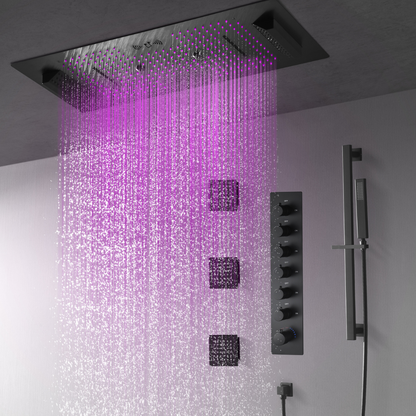 6-in-1 Thermostatische Inbouw Regendoucheset Sylvia – Bluetooth & Speakers – LED Verlichting – Massagejets - Zwart