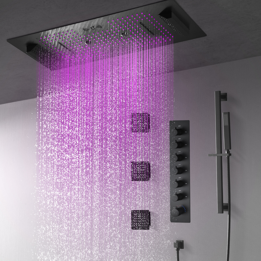 6-in-1 Thermostatische Inbouw Regendoucheset Sylvia – Bluetooth & Speakers – LED Verlichting – Massagejets - Zwart