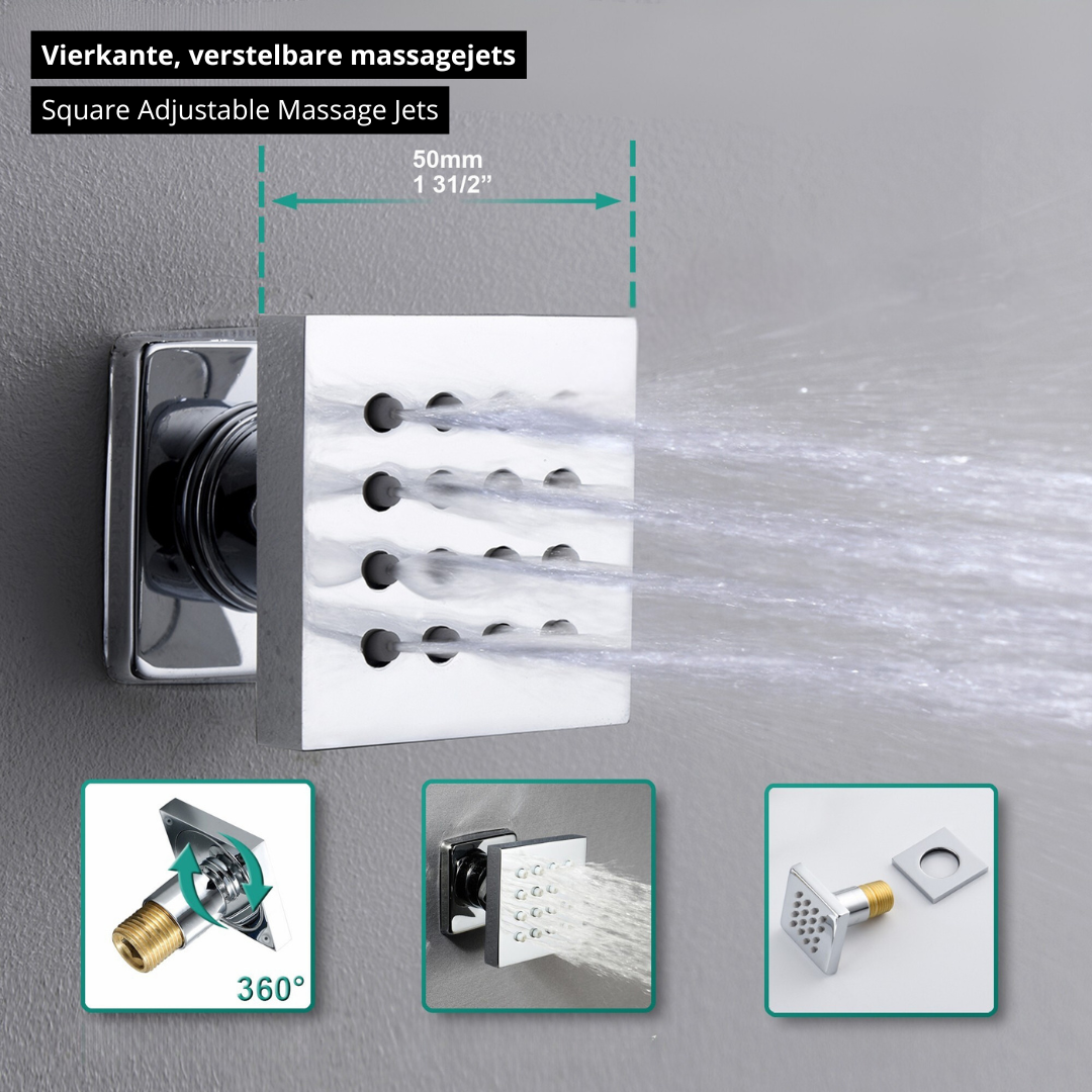 5-in-1 Thermostatische Inbouw Regendoucheset Julia – Bluetooth & Speakers – LED Verlichting – Massagejets - Chrome