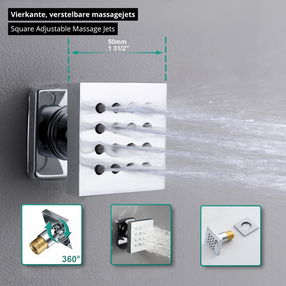 5-in-1 Thermostatische Inbouw Regendoucheset Julia – Bluetooth & Speakers – LED Verlichting – Massagejets - Chrome