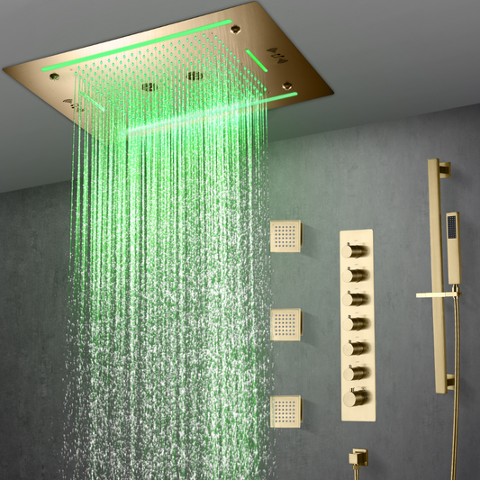 6-in-1 Thermostatische Inbouw Regendoucheset Marino – Bluetooth & Speakers – LED Verlichting – Massagejets - Brushed gold