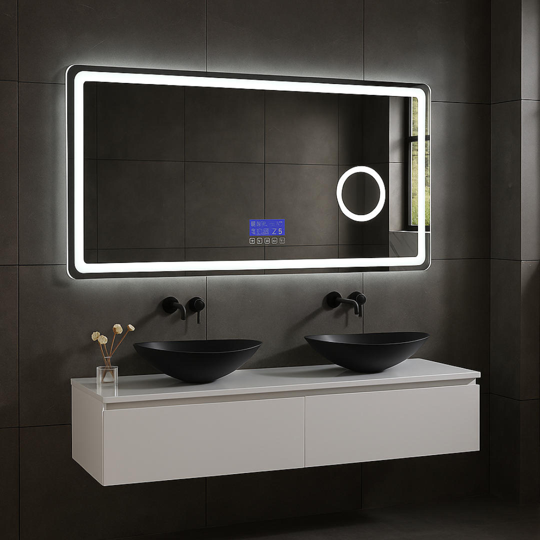 Maatwerk LED Badkamerspiegel Lori – Bluetooth & Speakers – Digitale klok – Vergrotingsspiegel – Anti-condens verwarming