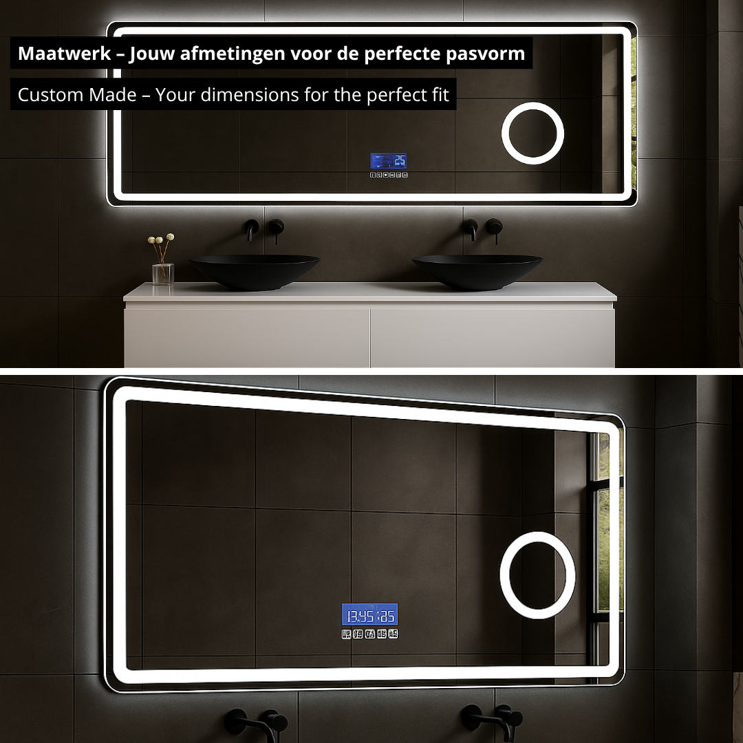 Maatwerk LED Badkamerspiegel Lori – Bluetooth & Speakers – Digitale klok – Vergrotingsspiegel – Anti-condens verwarming
