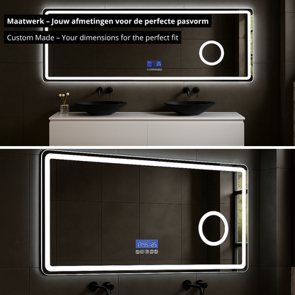 Maatwerk LED Badkamerspiegel Lori – Bluetooth & Speakers – Digitale klok – Vergrotingsspiegel – Anti-condens verwarming