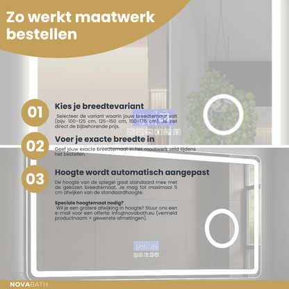 Maatwerk LED Badkamerspiegel Lori – Bluetooth & Speakers – Digitale klok – Vergrotingsspiegel – Anti-condens verwarming