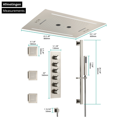5-in-1 Thermostatische Inbouw Regendoucheset Valerie – Bluetooth & Speakers – LED Verlichting – Massagejets - Brushed nickel