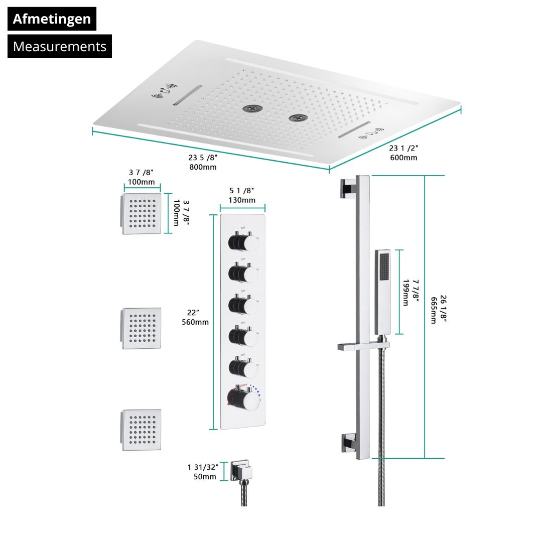 5-in-1 Thermostatische Inbouw Regendoucheset Valerie – Bluetooth & Speakers – LED Verlichting – Massagejets - Chrome