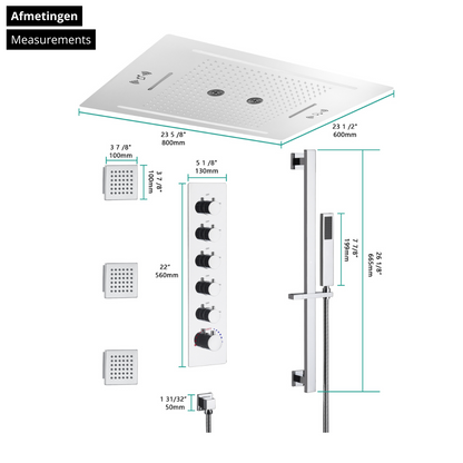 5-in-1 Thermostatische Inbouw Regendoucheset Valerie – Bluetooth & Speakers – LED Verlichting – Massagejets - Chrome