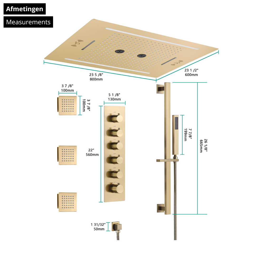 5-in-1 Thermostatische Inbouw Regendoucheset Valerie – Bluetooth & Speakers – LED Verlichting – Massagejets - Brushed gold
