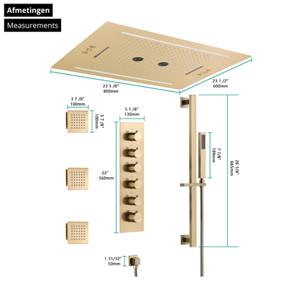 5-in-1 Thermostatische Inbouw Regendoucheset Valerie – Bluetooth & Speakers – LED Verlichting – Massagejets - Brushed gold