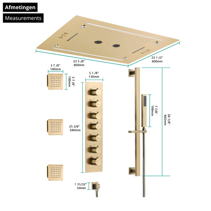 6-in-1 Thermostatische Inbouw Regendoucheset Marino – Bluetooth & Speakers – LED Verlichting – Massagejets - Brushed gold
