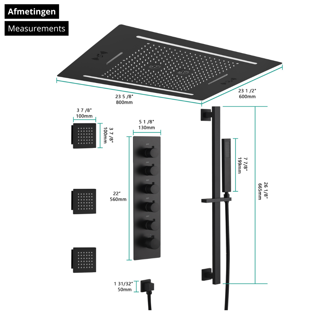 5-in-1 Thermostatische Inbouw Regendoucheset Valerie – Bluetooth & Speakers – LED Verlichting – Massagejets - Zwart
