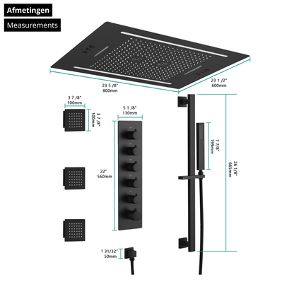 5-in-1 Thermostatische Inbouw Regendoucheset Valerie – Bluetooth & Speakers – LED Verlichting – Massagejets - Zwart
