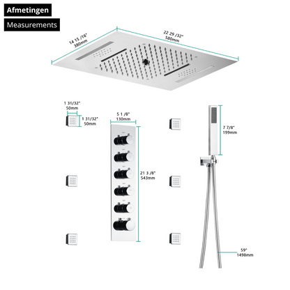 5-in-1 Thermostatische Inbouw Regendoucheset Julia – Bluetooth & Speakers – LED Verlichting – Massagejets - Chrome