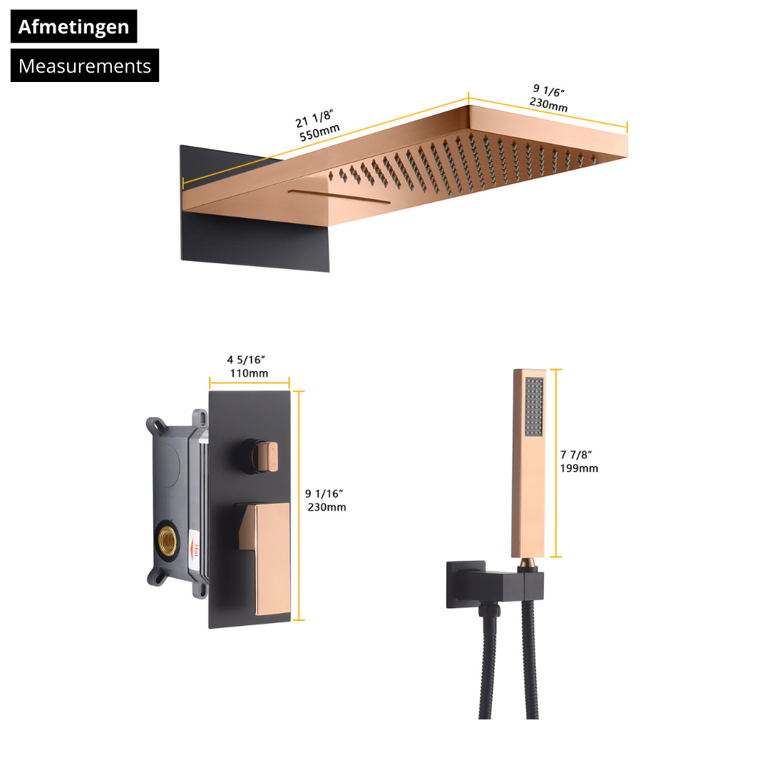 3-in-1 Inbouw Regendoucheset Christine - Waterval - Rose goud, Zwart