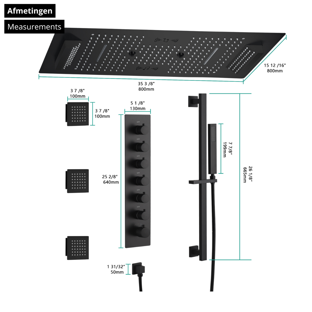 6-in-1 Thermostatische Inbouw Regendoucheset Sylvia – Bluetooth & Speakers – LED Verlichting – Massagejets - Zwart