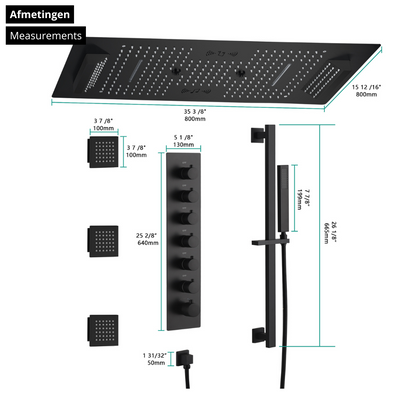 6-in-1 Thermostatische Inbouw Regendoucheset Sylvia – Bluetooth & Speakers – LED Verlichting – Massagejets - Zwart