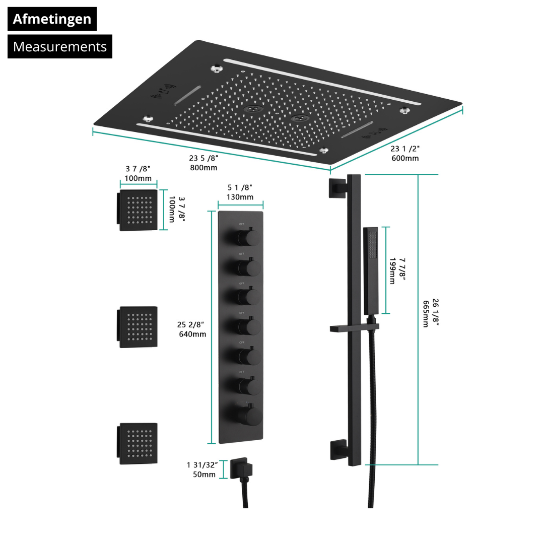 6-in-1 Thermostatische Inbouw Regendoucheset Marino – Bluetooth & Speakers – LED Verlichting – Massagejets - Zwart