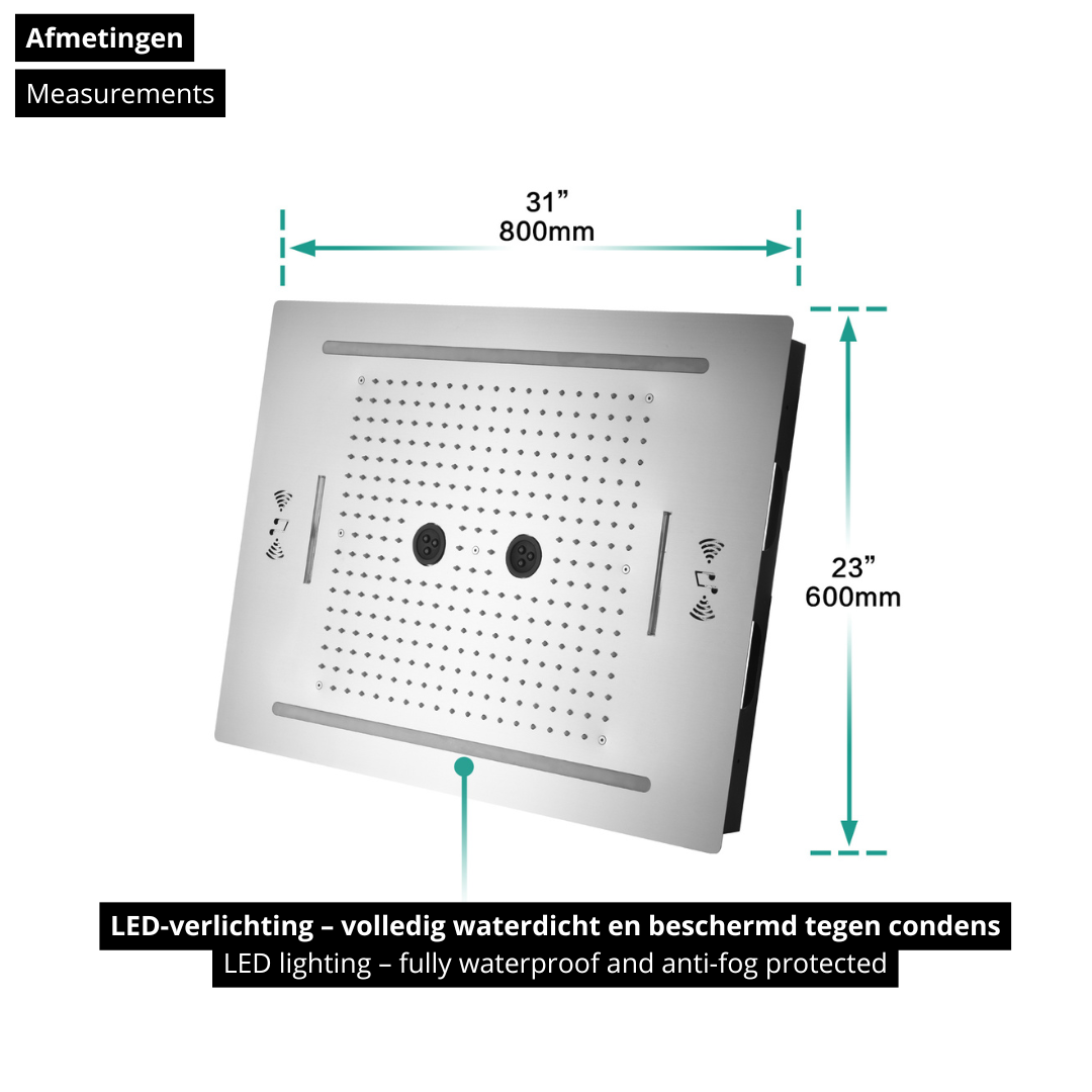 5-in-1 Thermostatische Inbouw Regendoucheset Valerie – Bluetooth & Speakers – LED Verlichting – Massagejets - Chrome