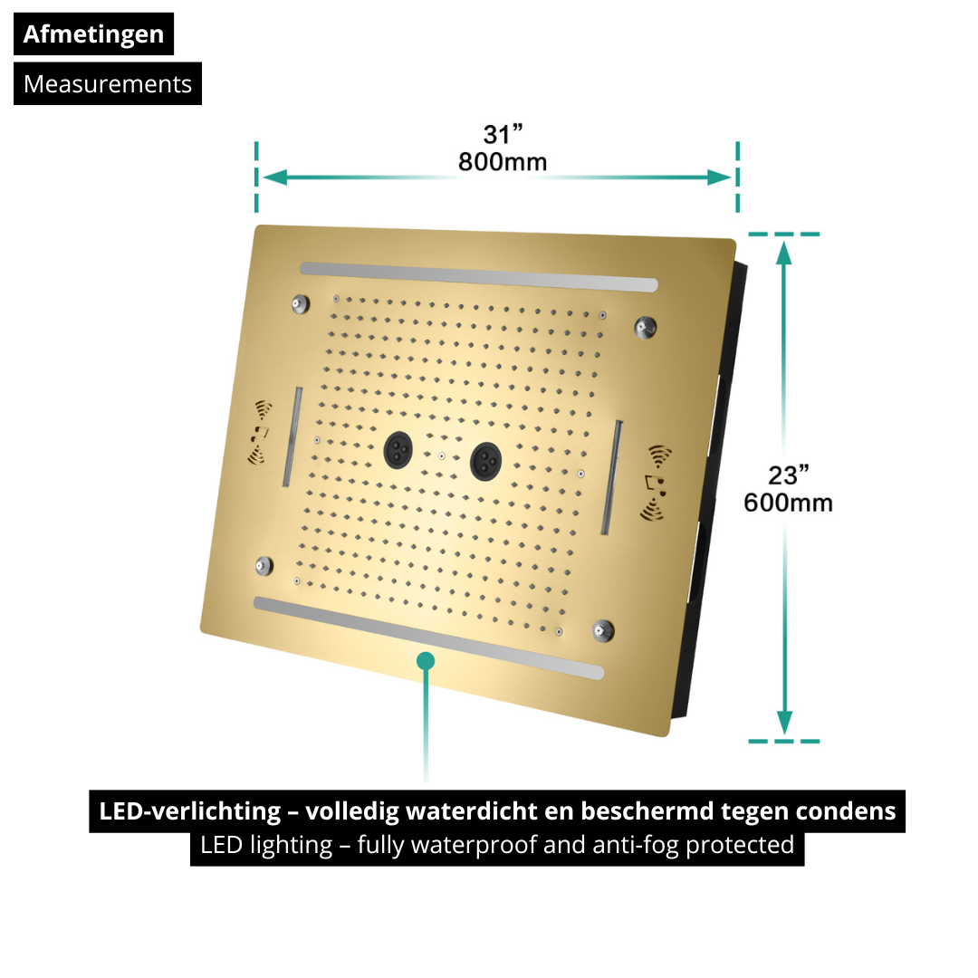 6-in-1 Thermostatische Inbouw Regendoucheset Marino – Bluetooth & Speakers – LED Verlichting – Massagejets - Brushed gold