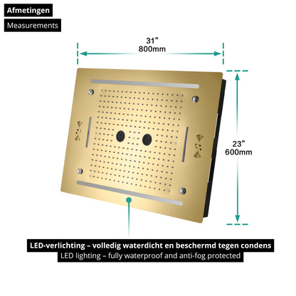 6-in-1 Thermostatische Inbouw Regendoucheset Marino – Bluetooth & Speakers – LED Verlichting – Massagejets - Brushed gold