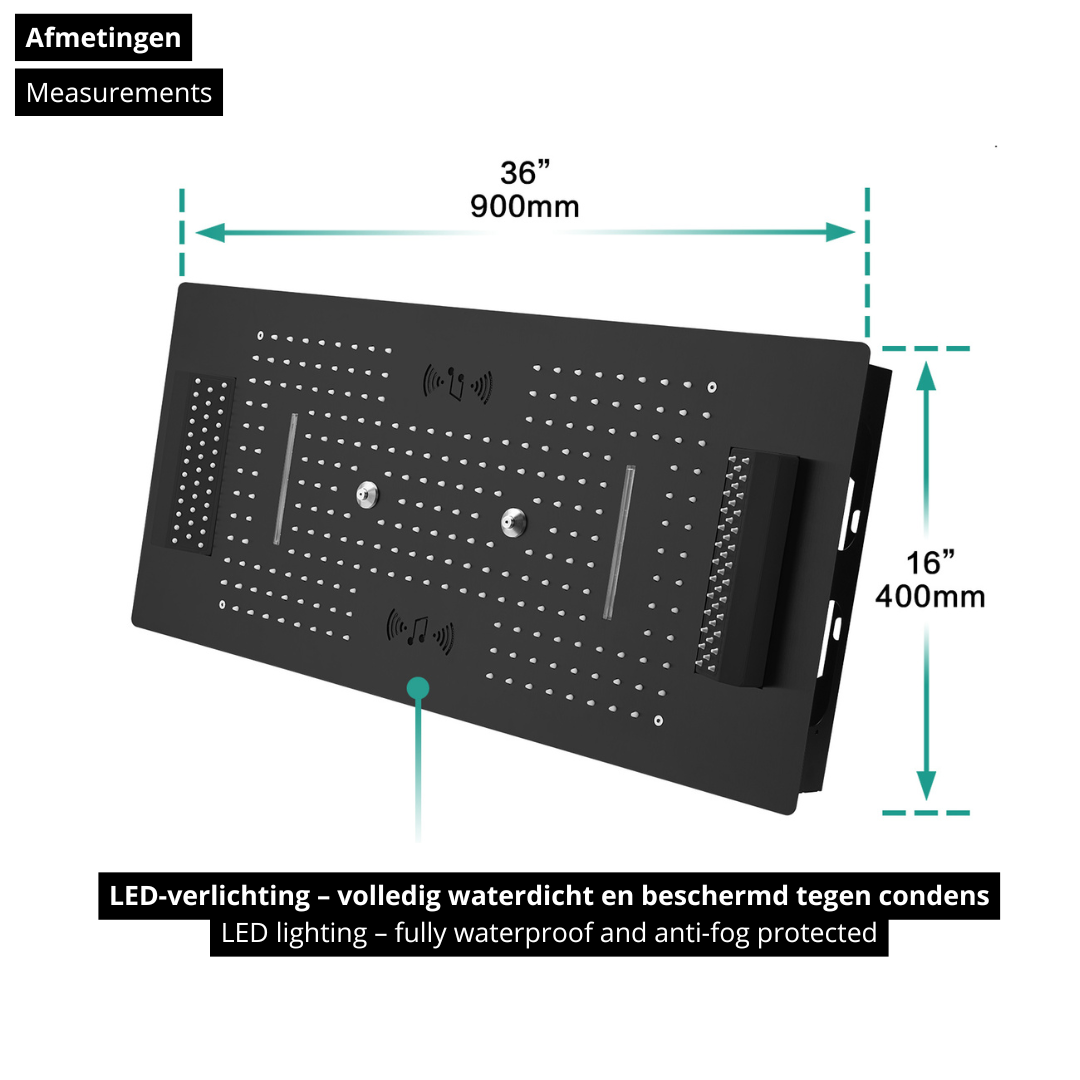 6-in-1 Thermostatische Inbouw Regendoucheset Sylvia – Bluetooth & Speakers – LED Verlichting – Massagejets - Zwart