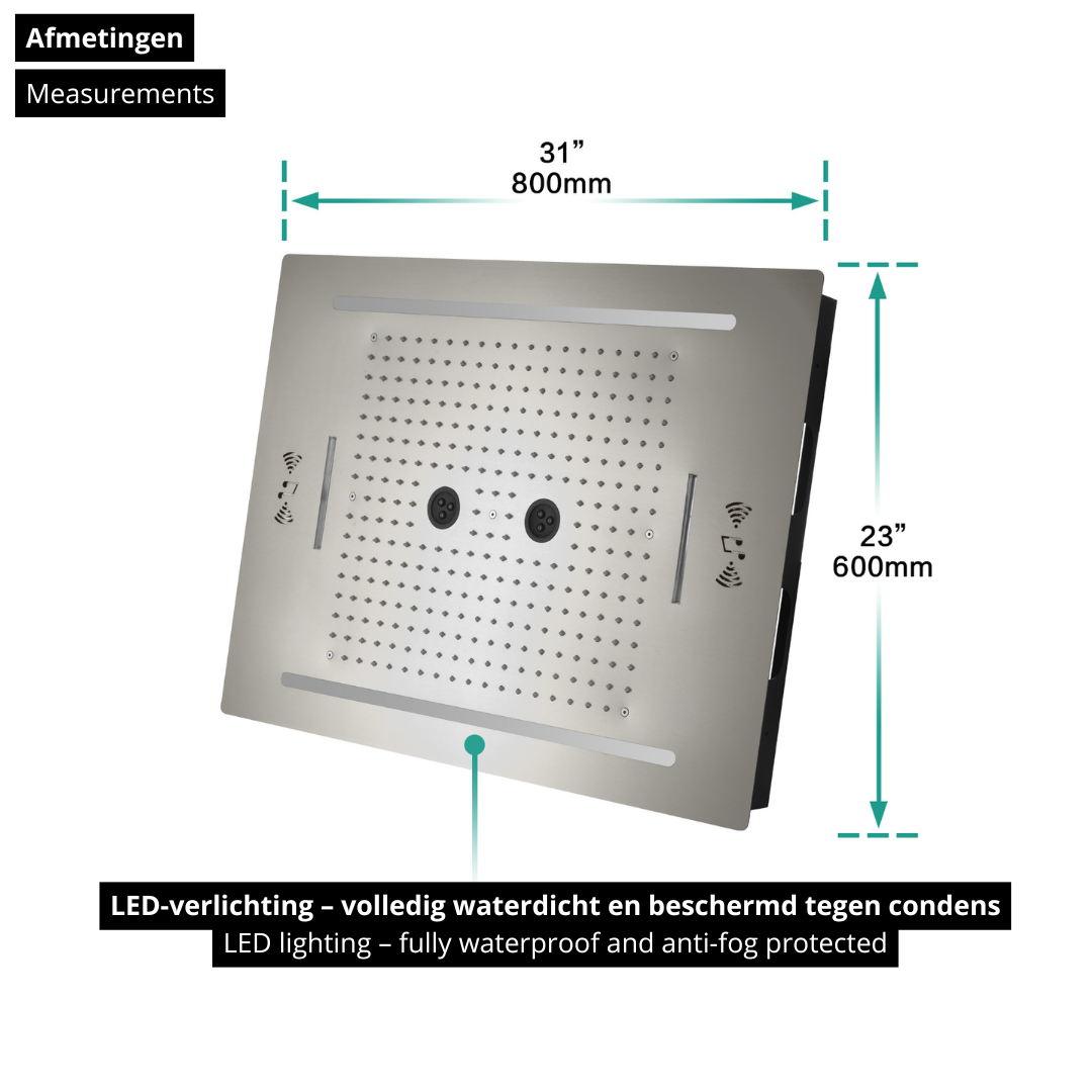 5-in-1 Thermostatische Inbouw Regendoucheset Valerie – Bluetooth & Speakers – LED Verlichting – Massagejets - Brushed nickel