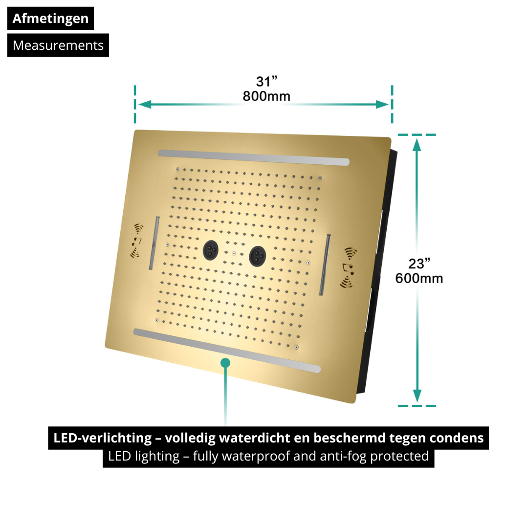 5-in-1 Thermostatische Inbouw Regendoucheset Valerie – Bluetooth & Speakers – LED Verlichting – Massagejets - Brushed gold