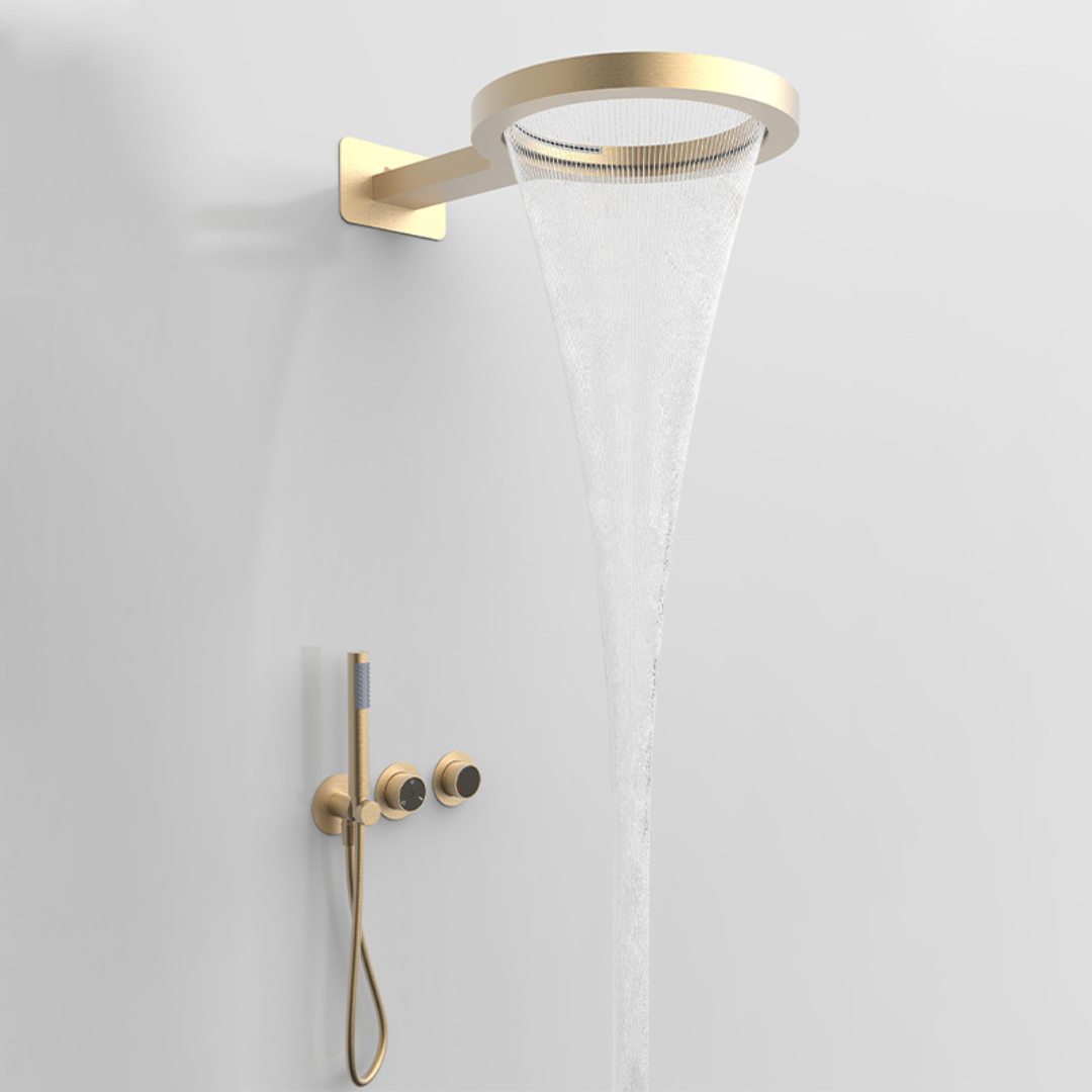 Thermostatische Inbouw Regendoucheset – Marino – Waterval & Staafhanddouche – Digitale Regeling – Brushed Gold