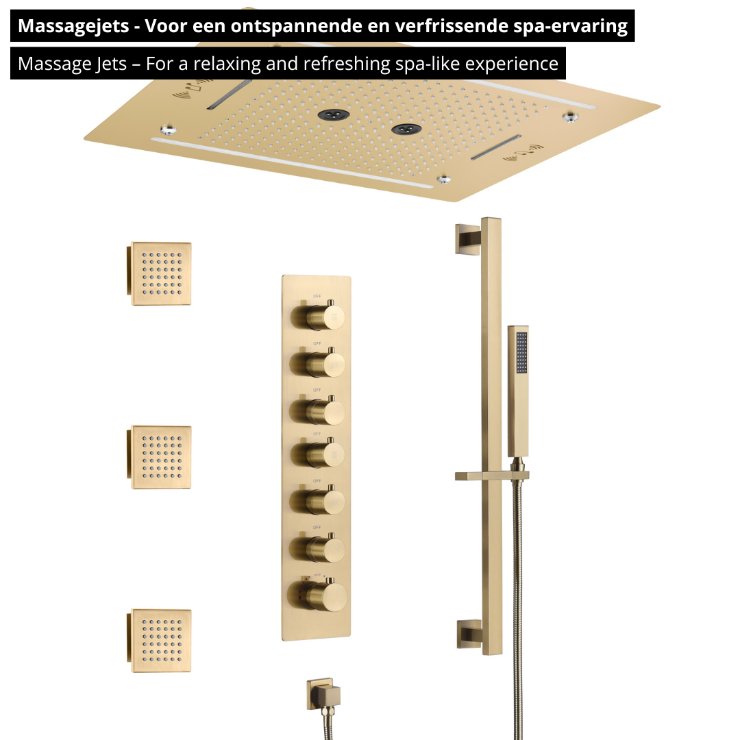 6-in-1 Thermostatische Inbouw Regendoucheset Marino – Bluetooth & Speakers – LED Verlichting – Massagejets - Brushed gold