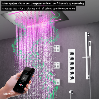 5-in-1 Thermostatische Inbouw Regendoucheset Valerie – Bluetooth & Speakers – LED Verlichting – Massagejets - Chrome