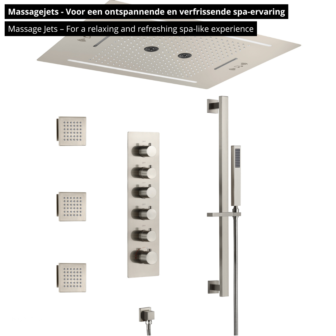 5-in-1 Thermostatische Inbouw Regendoucheset Valerie – Bluetooth & Speakers – LED Verlichting – Massagejets - Brushed nickel