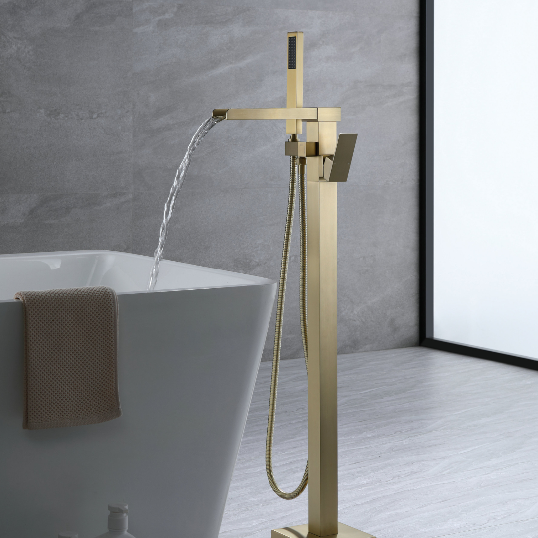Vrijstaande Badkraan Lisandro – Watervaluitloop – Brushed Gold