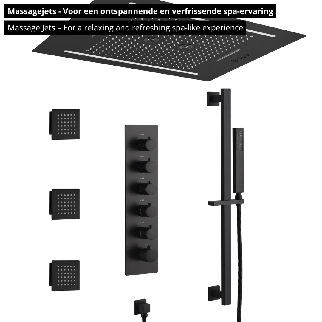 5-in-1 Thermostatische Inbouw Regendoucheset Valerie – Bluetooth & Speakers – LED Verlichting – Massagejets - Zwart