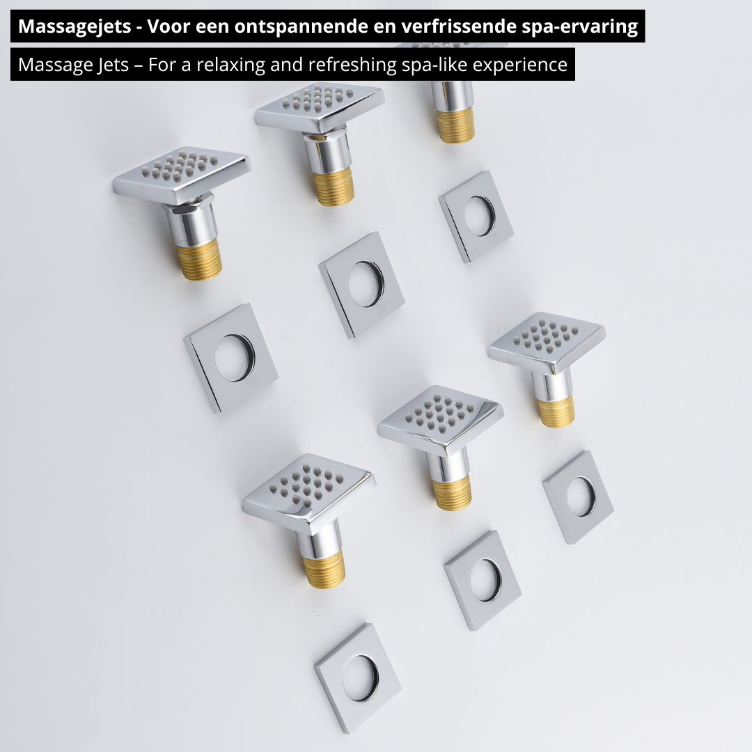 5-in-1 Thermostatische Inbouw Regendoucheset Julia – Bluetooth & Speakers – LED Verlichting – Massagejets - Chrome