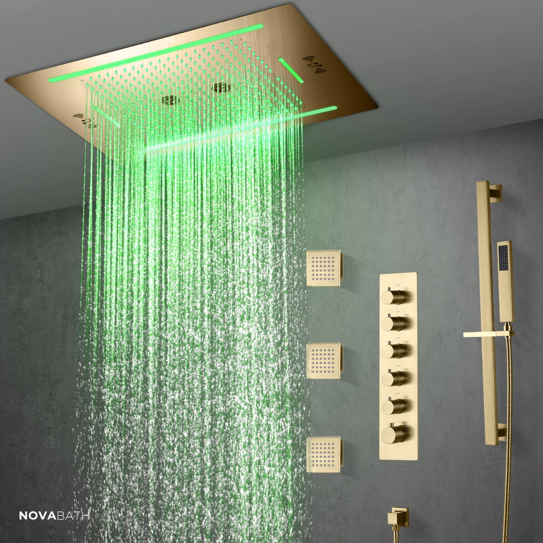 5-in-1 Thermostatische Inbouw Regendoucheset Valerie – Bluetooth & Speakers – LED Verlichting – Massagejets - Brushed gold