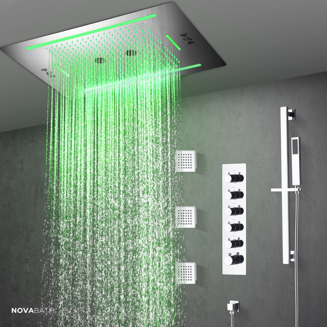 5-in-1 Thermostatische Inbouw Regendoucheset Valerie – Bluetooth & Speakers – LED Verlichting – Massagejets - Chrome