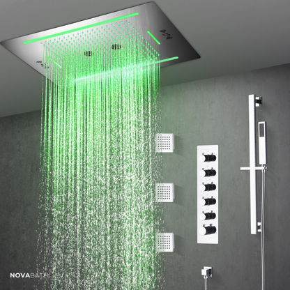 5-in-1 Thermostatische Inbouw Regendoucheset Valerie – Bluetooth & Speakers – LED Verlichting – Massagejets - Chrome