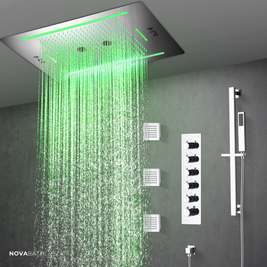 5-in-1 Thermostatische Inbouw Regendoucheset Valerie – Bluetooth & Speakers – LED Verlichting – Massagejets - Chrome