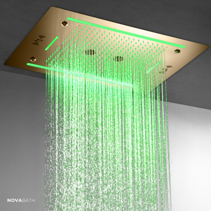 6-in-1 Thermostatische Inbouw Regendoucheset Marino – Bluetooth & Speakers – LED Verlichting – Massagejets - Brushed gold