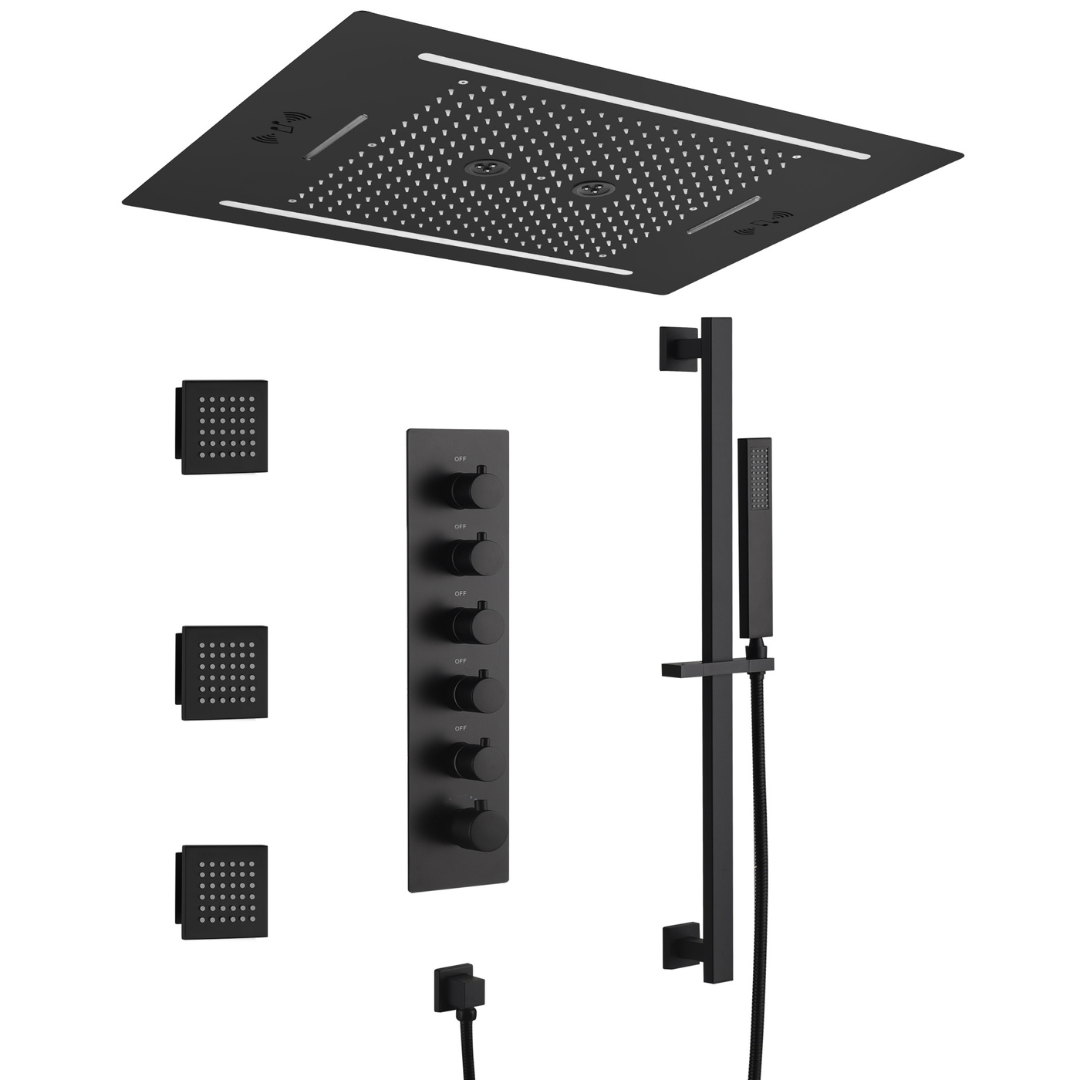 5-in-1 Thermostatische Inbouw Regendoucheset Valerie – Bluetooth & Speakers – LED Verlichting – Massagejets - Zwart